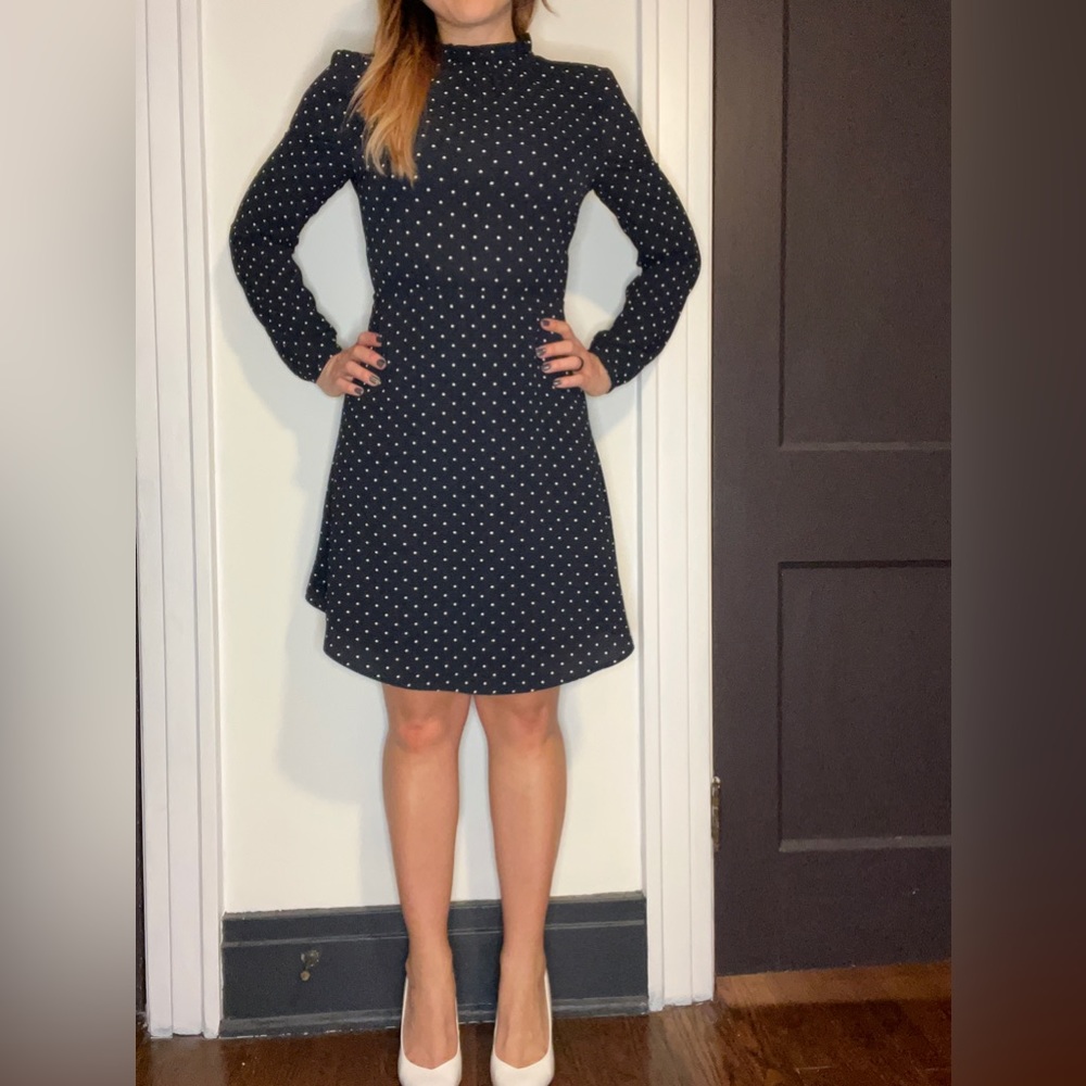 H&M Long sleeve navy dress w/ white polka dots
